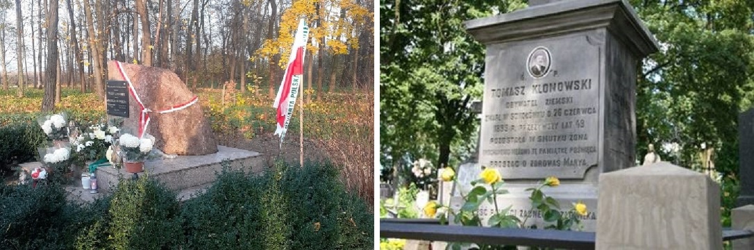 Obelisk w Sokołówku (po lewej) i nagrobek T. Klonowskiego